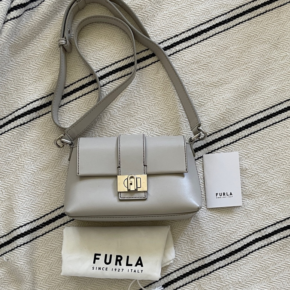 Furla Light Gray Leather Crossbody with Gold Turn-Lock